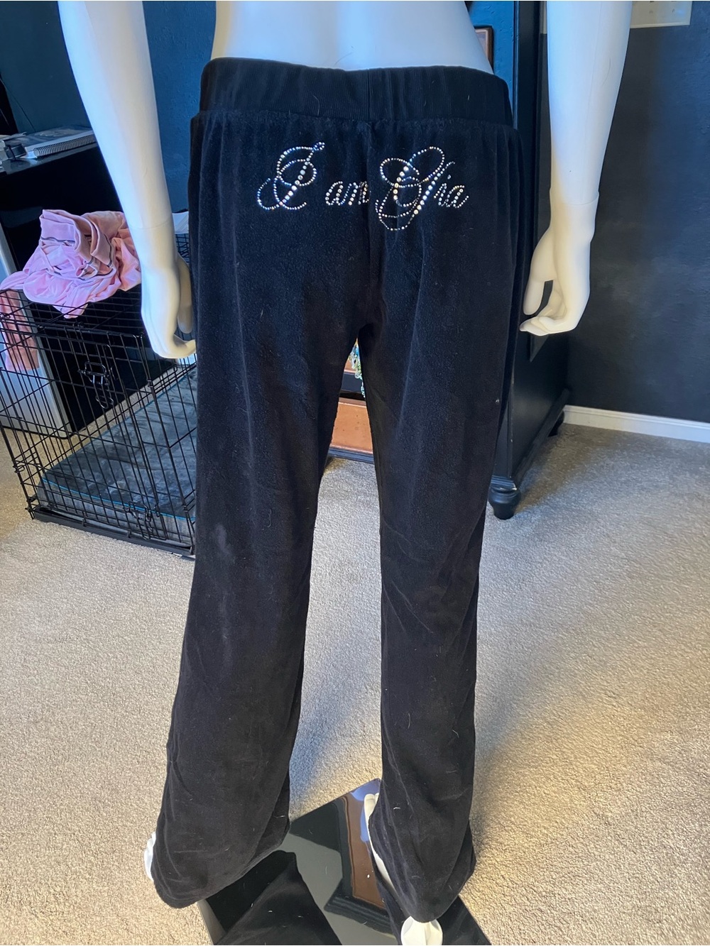 I.AM.GIA Black Terry Pants with Rhinestone Script